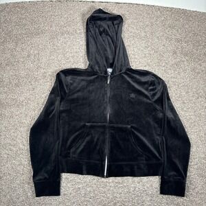 Juicy Couture Black Velour Zip Up Hoodie Crown Logo Women's XL